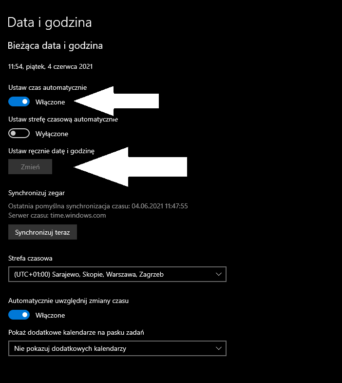 zmiana godziny windows 10
